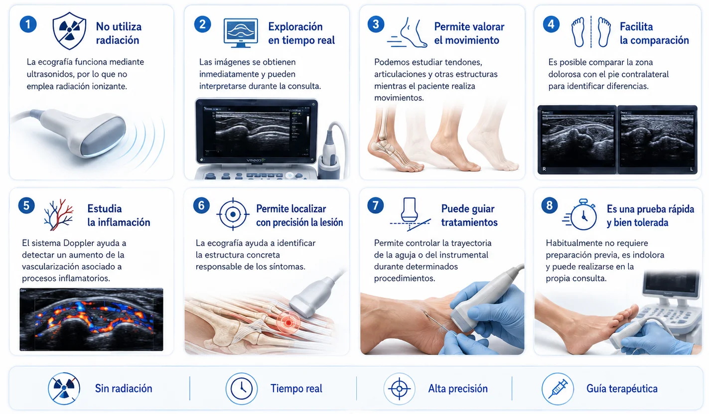 Infografía sobre aplicaciones y ventajas de la ecografía